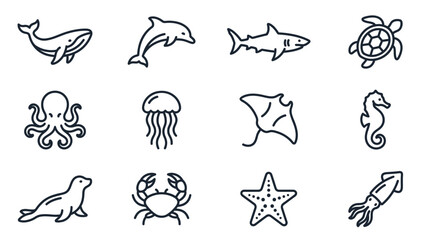 Sea creatures icons set line style. © Bambang