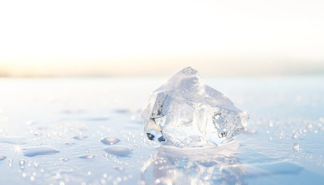 Melting natural ice block with water drops on white background 溶ける氷のブロックと水滴の背景素材
