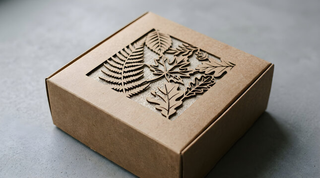 Decorative cardboard gift box with intricate lasercut leaf pattern lid