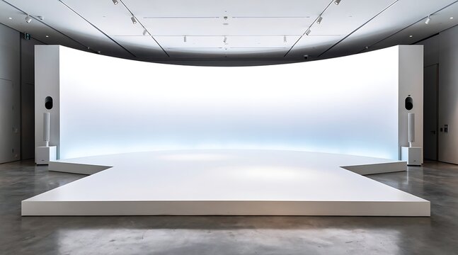 Modern minimalist stage with large curved screen and runway.