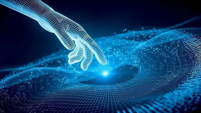 Digital hand interacting with data waves
