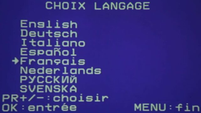 Blue screen display shows list german language options text menu navigation settings. 