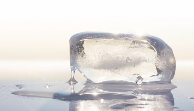Horizontal crystal ice block melting on white surface 横長の透明な氷ブロックの背景素材