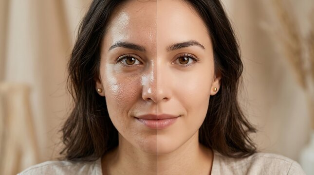 Split screen portrait of a woman showing a comparison between natural skin texture and smooth flawless skin for beauty and skincare concepts
