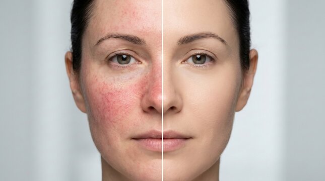 Split screen portrait of a woman's face showing skin redness treatment comparison