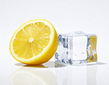 Fresh Lemon Slice with Crystal Clear Ice Cube Isolated on White Background &ndash; Refreshing Citrus Drink Ingredient, Summer Beverage Concept with Copy Space