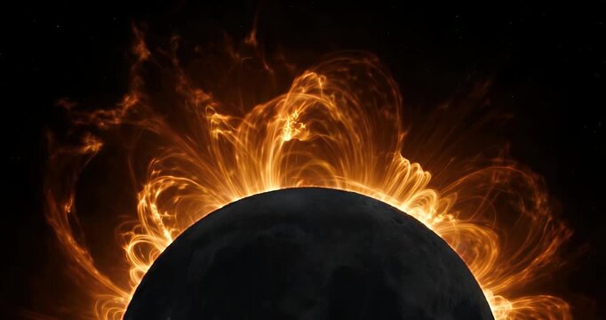 A dramatic celestial event showing a dark planet or moon partially eclipsing a vibrant, fiery, plasma-like corona against a black background.
