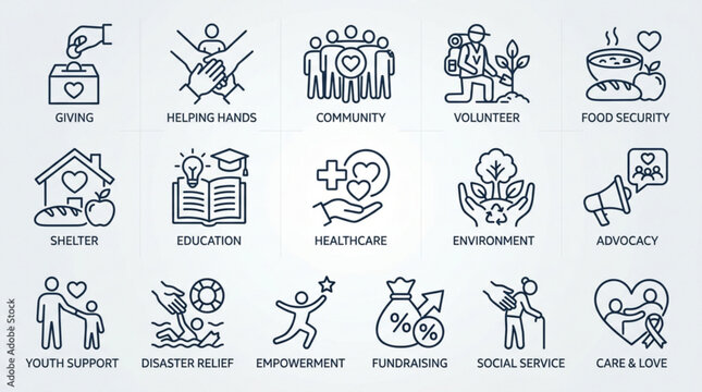 Nonprofit organization outreach icons for charity fundraising