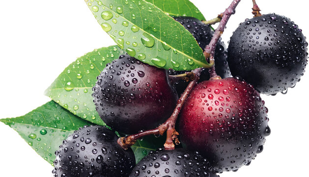 Close-Up of Ripe Jamun Fruits &ndash; Java, Plum, Berry, Fresh, Organic, Tropical, Dewdrops, Nature