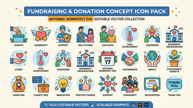Fundraising and donation concept icons for nonprofit organizations