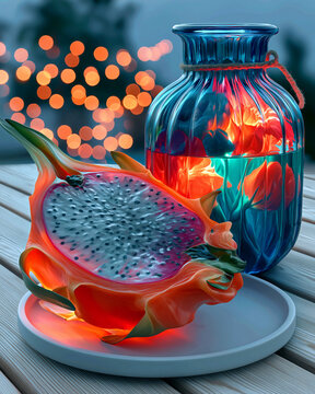 Dragon Fruit Half with Glowing Glass Lantern on Wooden Table