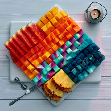 Overhead Tropical Fruit Platter with Watermelon Mango and Pineapple
