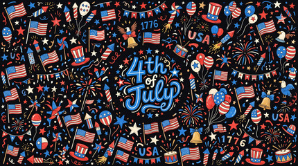 Fototapeta premium Red white and blue 4th of July pattern with patriotic celebratory elements.