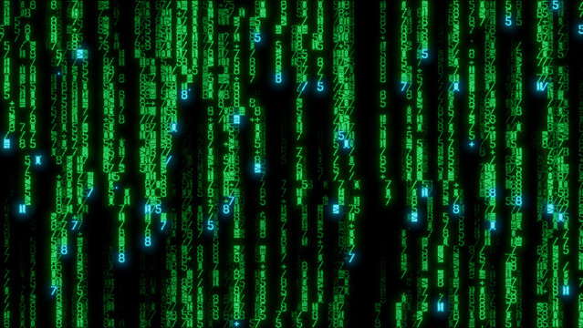 Vibrant green digital matrix pattern of random numbers and symbols on a deep black background, ideal for user interface design, tech presentations, and modern digital art projects.