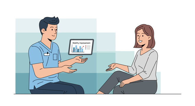 Therapist Explains Health Progress of a Patient Showing a Chart on a Tablet Screen