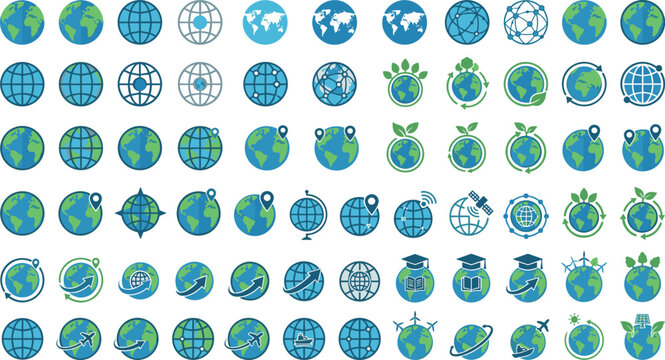 Large vector illustration icon set of global planet earth globes showing maps networks eco ecology elements isolated on white background bundle