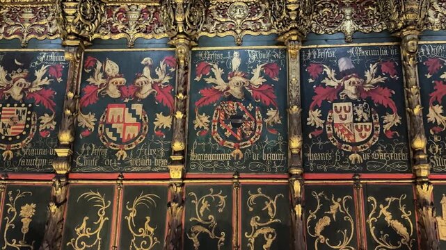 Historic Carved Wooden Choir Stalls and Coats of Arms in Barcelona Cathedral