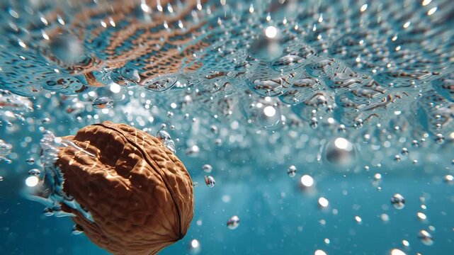 NOCE INTERA CHE CADE IN ACQUA FRESCA E LIMPIDA CON SPRUZZI E BOLLE D'ARIA, CONCETTO DI FRESCHEZZA E ALIMENTAZIONE SANA