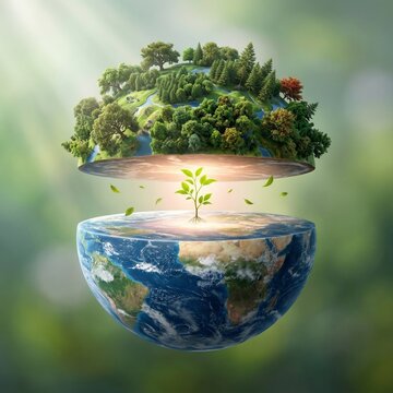 Conceptual visualization of Earth divided with a lush forest ecosystem and a glowing new sprout between the halves.
