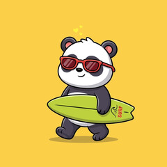 Naklejka premium Cartoon panda bear with surfboard.
