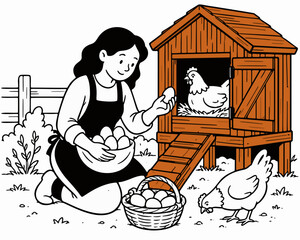 flat illustration of woman collecting fresh eggs from wooden hen house © Anton