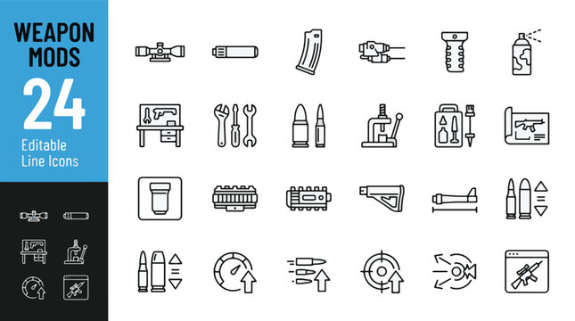 Weapon mods icon set containing scope silencer magazine ammo tools workbench blueprint laser grip stock barrel tactical gear firearm customization military technology gunsmith gaming UI icons vector. 