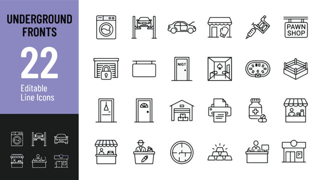 Underground fronts icon set containing money laundering crime illegal business pawn shop gambling boxing ring tattoo parlor warehouse and storage editable line icons minimalist vector illustration kit