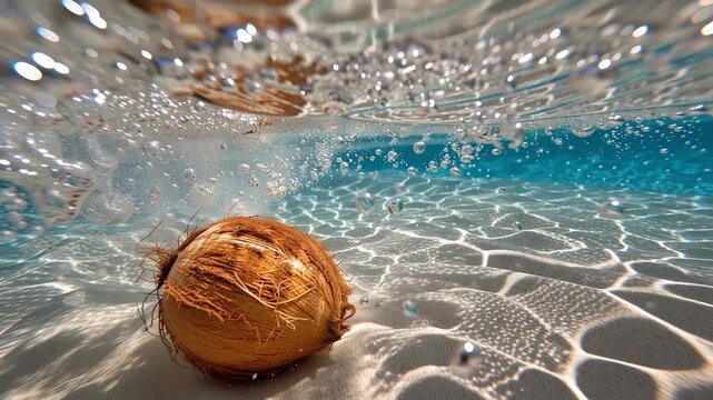 NOCE DI COCCO INTERA CHE CADE NELL'ACQUA TROPICALE CON SPRUZZI E BOLLE D'ARIA, CONCETTO DI FRESCHEZZA ESOTICA