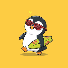 Obraz premium Penguin wearing sunglasses with surfboard.