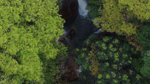Flying over powerful waterfall and rocky river in forested mountains - Yakushima, Japan