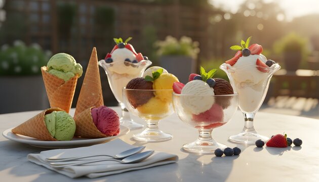 Assorted ice cream scoops in cones and glass bowls on an outdoor marble table, creating a vibrant summer dessert table setup concept with fresh berries in warm golden light