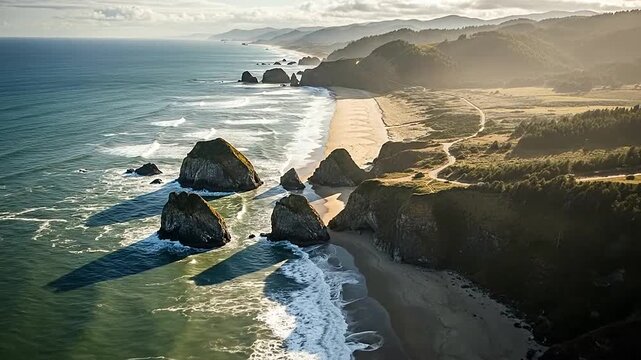 Aerial view of a rugged coastline with sea stacks and golden morning light