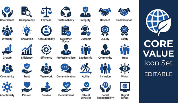 Core values icon set provides a collection of professional symbols representing corporate integrity, leadership, and social responsibility.