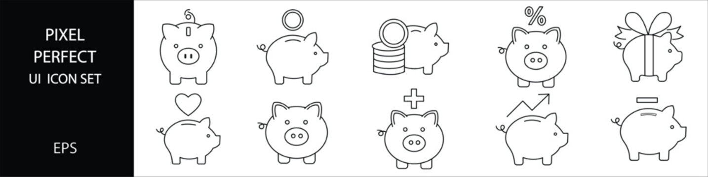 Cute piggy bank outline icon set in minimal hand drawn style featuring savings finance money symbols for banking and investment design
