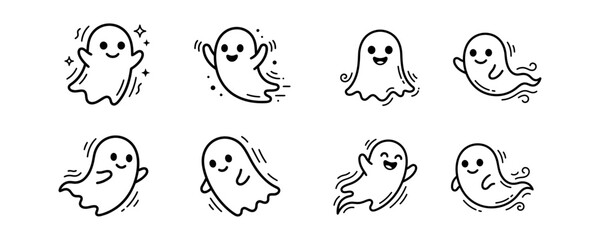 Fototapeta premium Set of Cute Hand Drawn Ghost Doodles with Various Poses and Expressions Vector Collection for Halloween Design