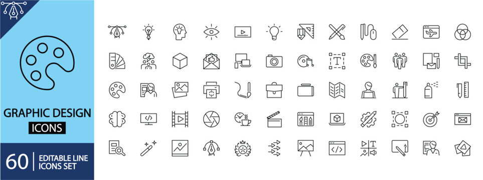 Graphic Design icons set. Includes symbols of creative tools, color palettes, typography, layout grids, vector editing, and visual design elements. Editable stroke. Vector illustration. Outline icons.