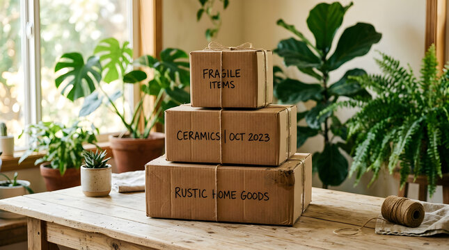 Stacked cardboard boxes for shipping rustic home goods