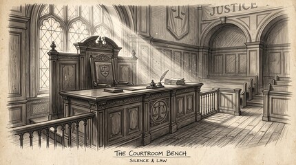 Fototapeta premium Historical wooden courtroom bench for judge and legal proceedings with courtroom judicial interior architecture proceedings tribunal litigation government legislative traditional furniture