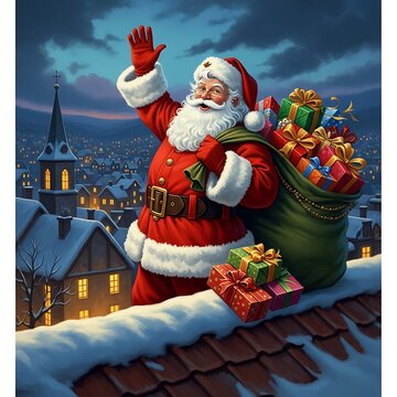 Santa claus delivering christmas gifts on a snowy rooftop
