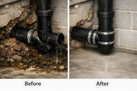 Broken and repaired drain pipe comparison for plumbing service