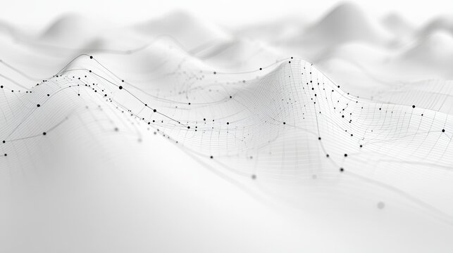 Abstract white landscape featuring a flowing digital mesh grid with interconnected black dots in a clean minimalist technological art style