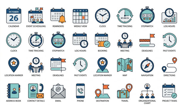 Minimal Date Time and Location Icons Flat Design Vector Collection