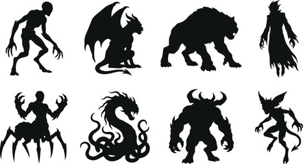 Naklejka premium Fantasy Monster Silhouette Collection with Demon Dragon Beast and Mythical Creature Character Set