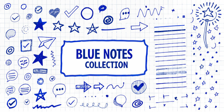 Handwritten style blue doodles and notes collection vector illustration on graph paper