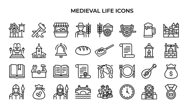 A medieval life icons collection set featuring historical objects and symbols. Vector illustrations depicting culture, architecture, and village lifestyle for design projects.