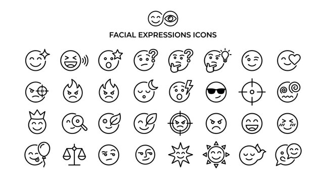 Facial expressions icons collection features outline symbols of emojis showing various emotions and gestures. Use this graphic set for digital communication, user interface or social media.