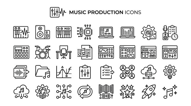 Music production icons include synthesizers, speakers, and sound hardware. This collection represents audio recording, studio software, and sound engineering processes in a black outline style.