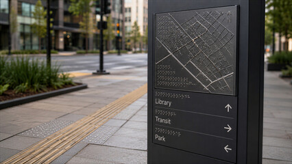 Sign shows directions to library, transit, and park in a city street with buildings and greenery during the day