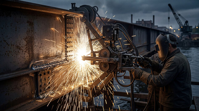 A hard-working individual is welding steel beams by the water at dusk. The scene is alive with glowing sparks as the worker focuses intently, showcasing skill and dedication to their craft.