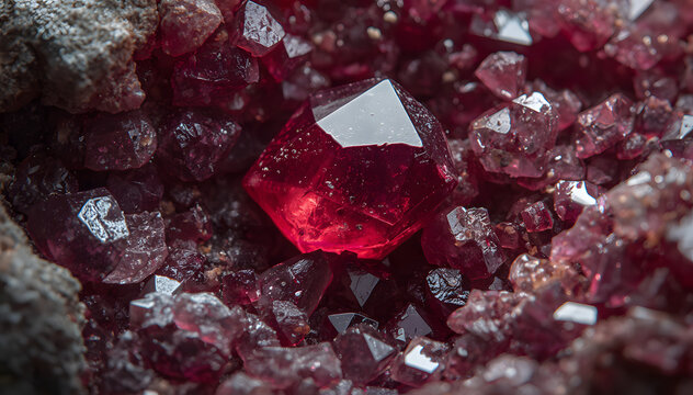 Macro shot of deep red garnet gemstone crystals embedded in rough mineral matrix